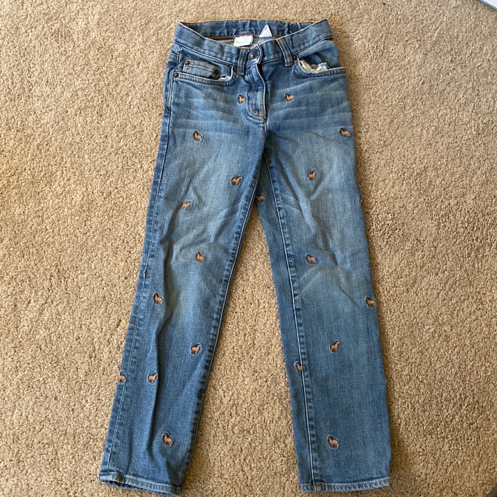 Crewcuts Girls Blue Denim Jeans with Brown Horse Embroidery